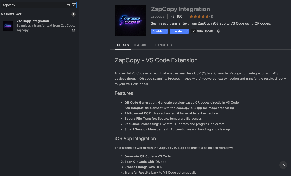 Open VSX listing for ZapCopy Integration