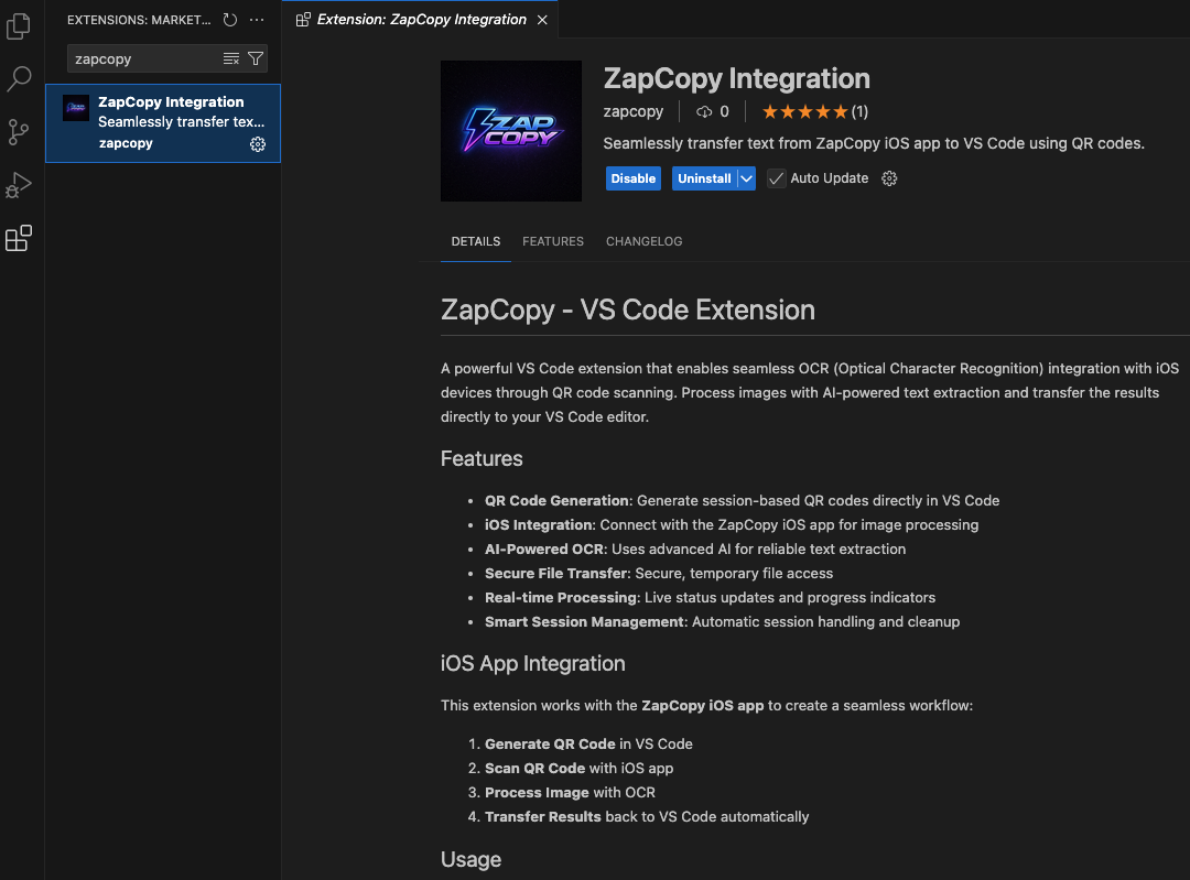 VS Code Marketplace listing for ZapCopy Integration